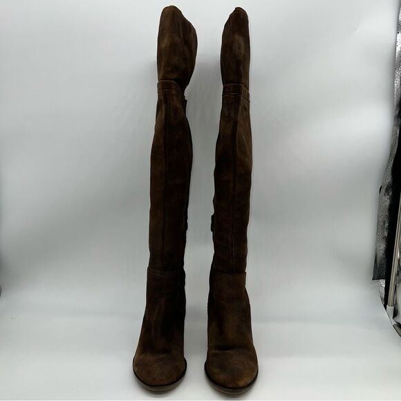 Franco Sarto Elnora Brown Suede Over the Knee Block Heeled Boots w/Tassel - Picture 2 of 13